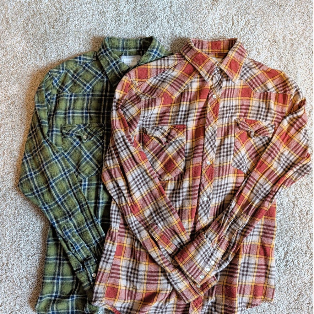 Wrangler Wrancher Western Pearl Snap Shirts Mens M Green Orange Plaid Bundle 2pk
